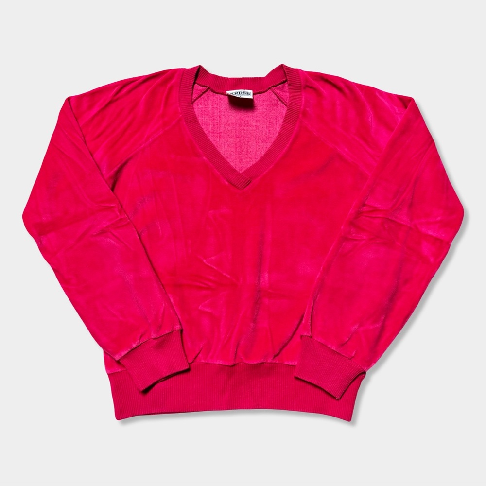 Vtg 70s 80s Fuchsia Pink V-Neck Soft Velvety Velour Pullover Knit Sweater Top M